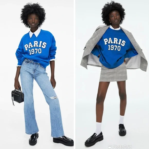 NWT H&M Blue Paris Sweatshirt with Sherpa Letters - Picture 5 of 13